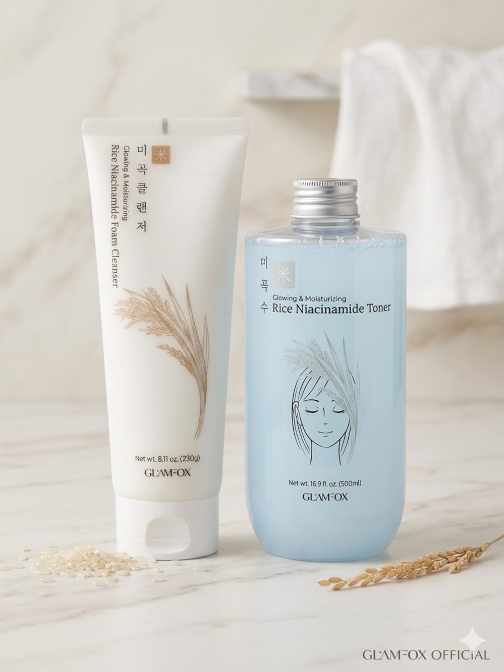 GLAMFOX Rice + Niacinamide Toner 16.9 fl oz & Cream Face Cleanser 8.11 fl oz set